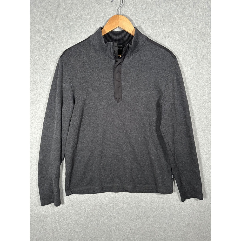 Hugo Boss Mens Quarter Zip Pullover Charcoal Gray Regular Fit Mock Neck Large